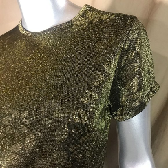 Vintage Small Crew Neck Floral Blouse Metallic Gold Shimmer Stretch Top - Picture 2 of 12